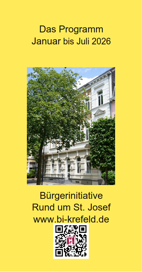 Ein gelber Flyer mit einem Foto der Bi von außen. Auf dem Flyer steht: Das Programm Januar bis Juli 2026.